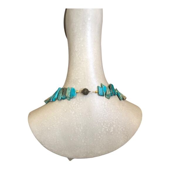 Handmade Natural Blue Ocean Stone Side Drilled Slab Beads Gold Beads Necklace - Picture 9 of 11